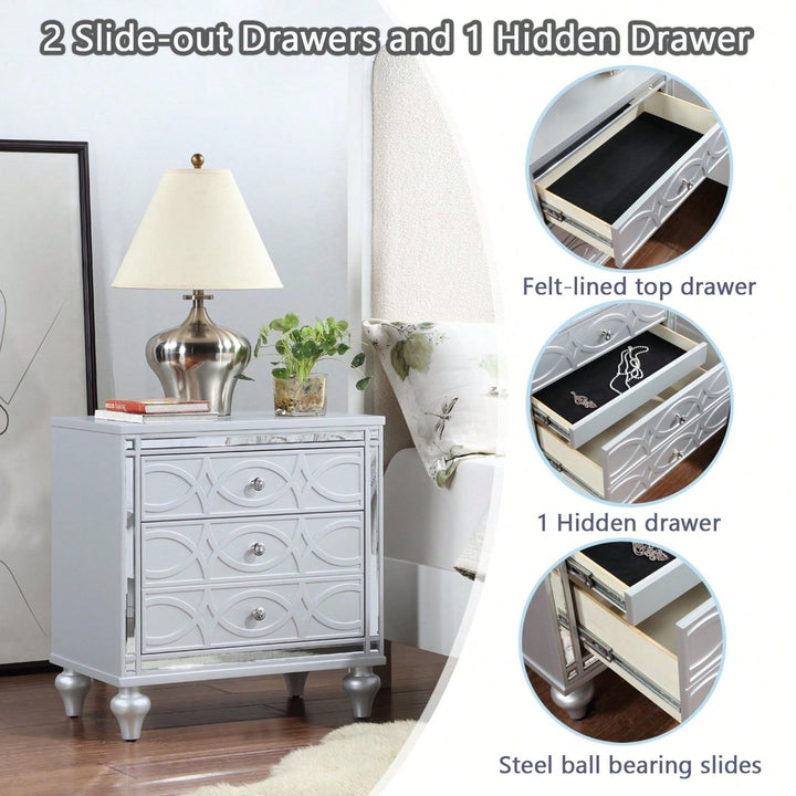 Elegant White Nightstand With Mirror Frame Accents And Hidden Drawer For Living Room Or Bedroom Image 11