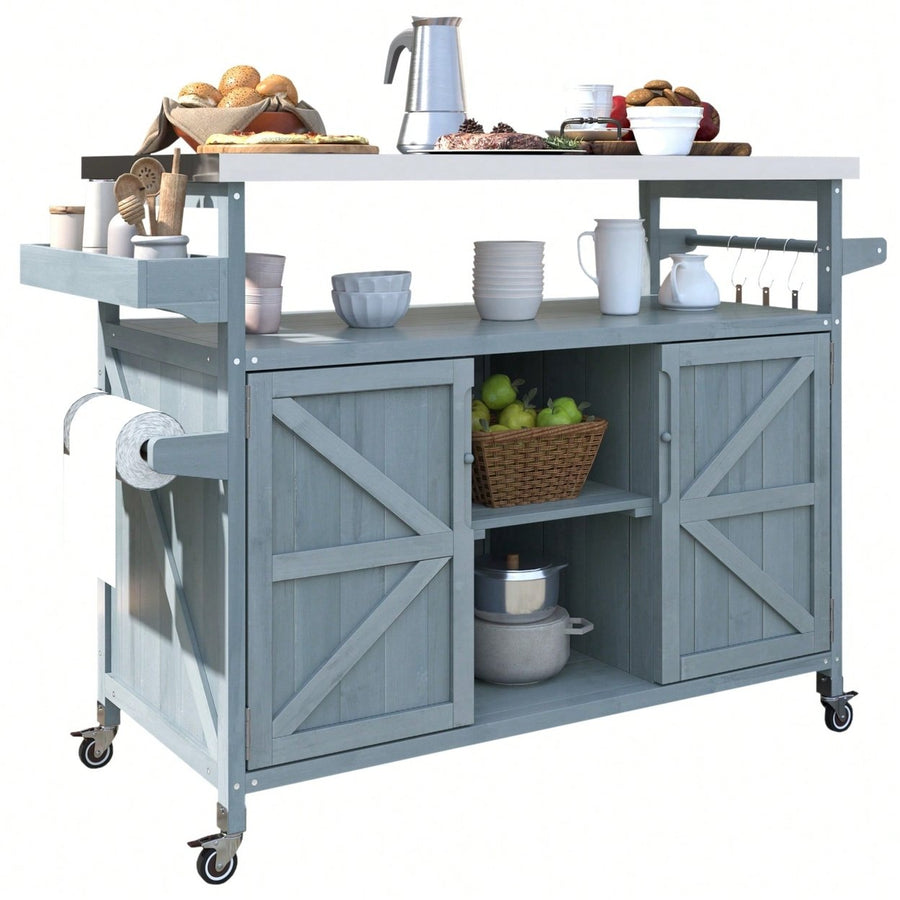 Farmhouse Solid Wood Outdoor Kitchen Island Rolling Bar Cart With Stainless Steel Top Spice Rack And Towel Rack For BBQ Image 1