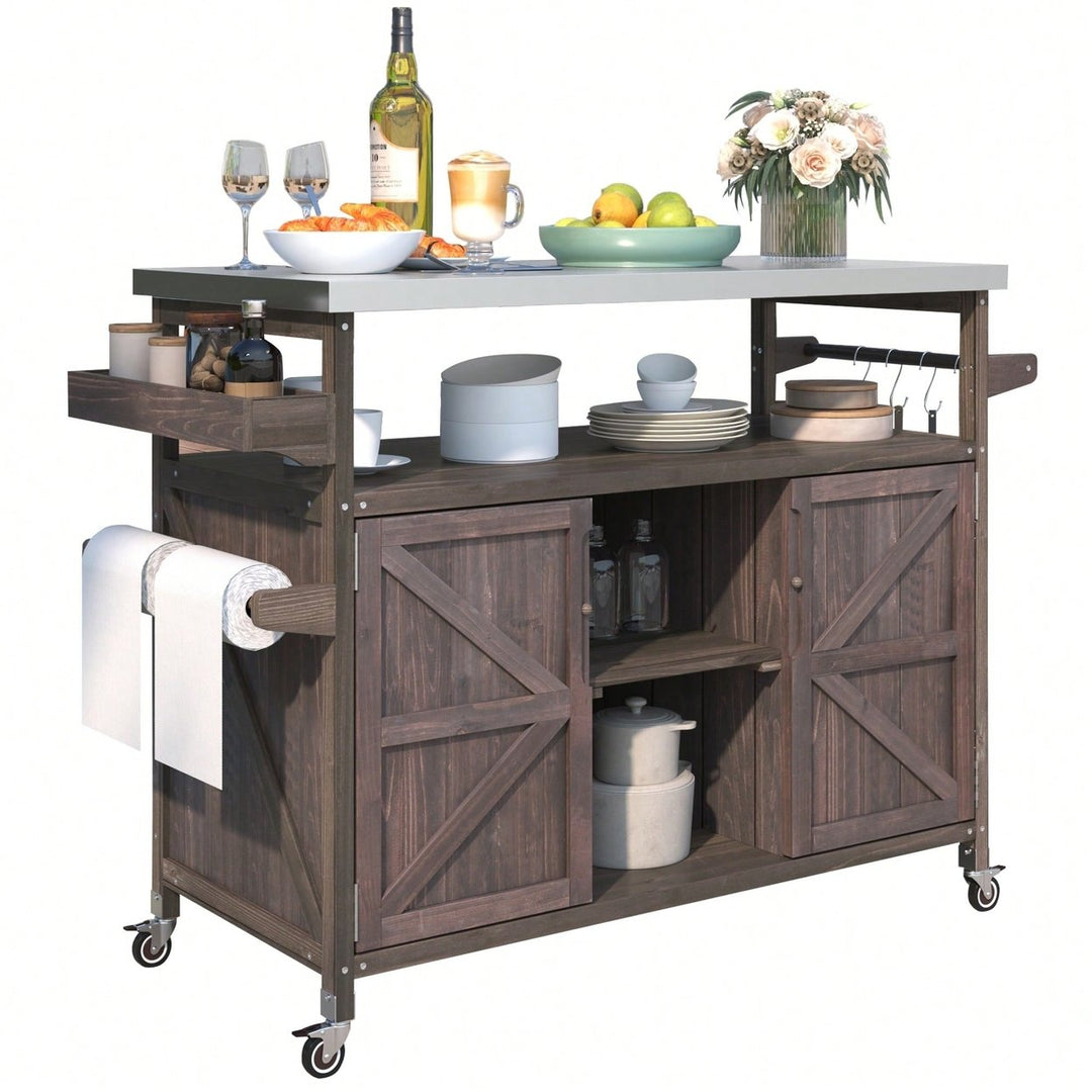 Farmhouse Solid Wood Outdoor Kitchen Island Rolling Bar Cart With Stainless Steel Top Spice Rack And Towel Rack For BBQ Image 2