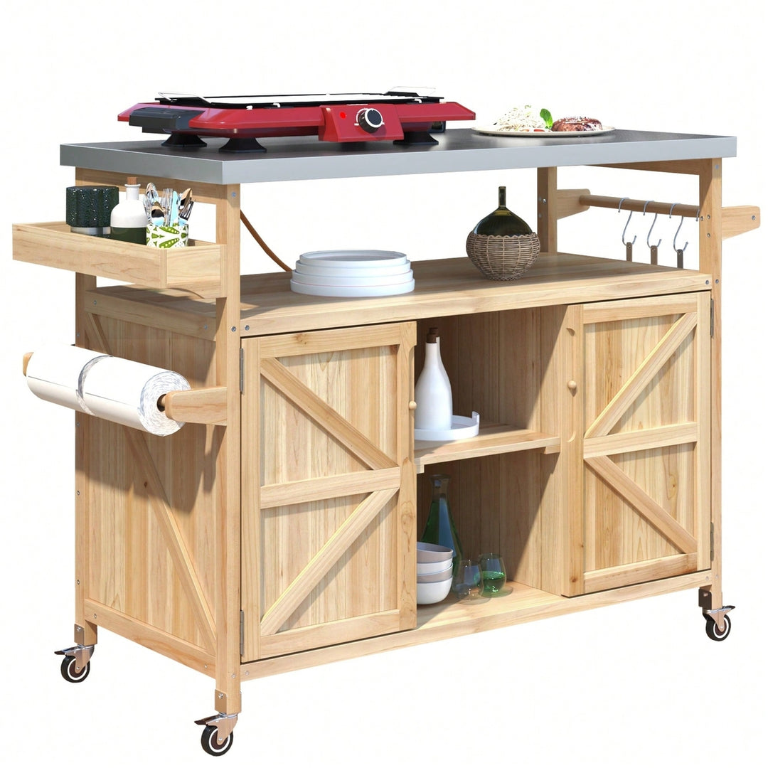 Farmhouse Solid Wood Outdoor Kitchen Island Rolling Bar Cart With Stainless Steel Top Spice Rack And Towel Rack For BBQ Image 3