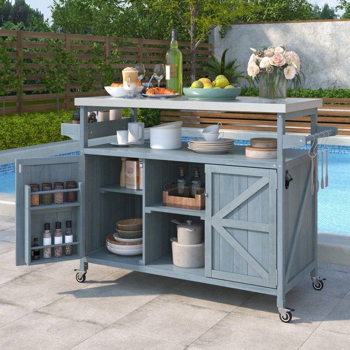 Farmhouse Solid Wood Outdoor Kitchen Island Rolling Bar Cart With Stainless Steel Top Spice Rack And Towel Rack For BBQ Image 5