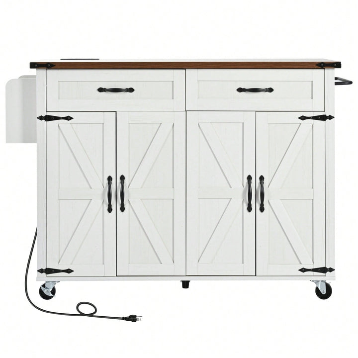 Farmhouse Style Kitchen Island With Power Outlet And Drop Leaf, Rolling Storage Cart With Spice Rack And Drawer For Image 1