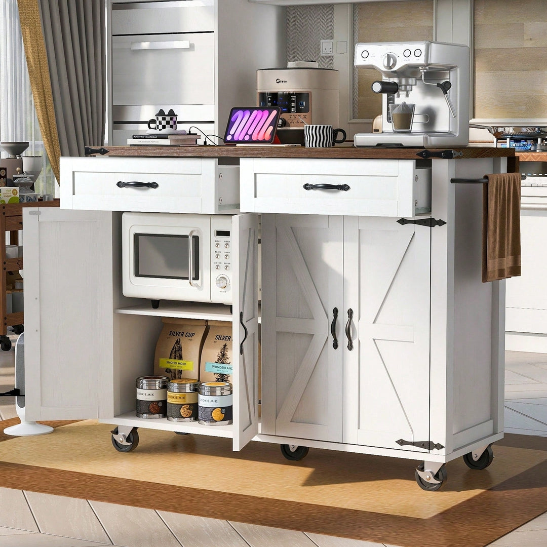 Farmhouse Style Kitchen Island With Power Outlet And Drop Leaf, Rolling Storage Cart With Spice Rack And Drawer For Image 3