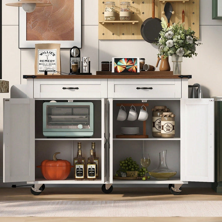 Farmhouse Style Kitchen Island With Power Outlet And Drop Leaf, Rolling Storage Cart With Spice Rack And Drawer For Image 4