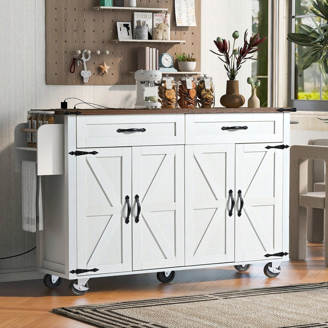 Farmhouse Style Kitchen Island With Power Outlet And Drop Leaf, Rolling Storage Cart With Spice Rack And Drawer For Image 5