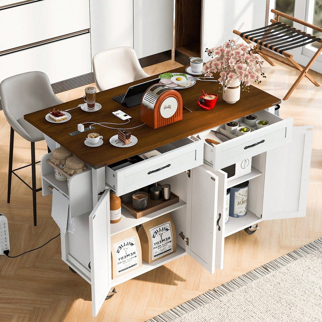 Farmhouse Style Kitchen Island With Power Outlet And Drop Leaf, Rolling Storage Cart With Spice Rack And Drawer For Image 6