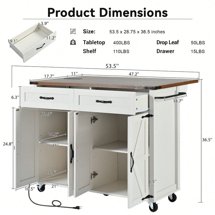 Farmhouse Style Kitchen Island With Power Outlet And Drop Leaf, Rolling Storage Cart With Spice Rack And Drawer For Image 7