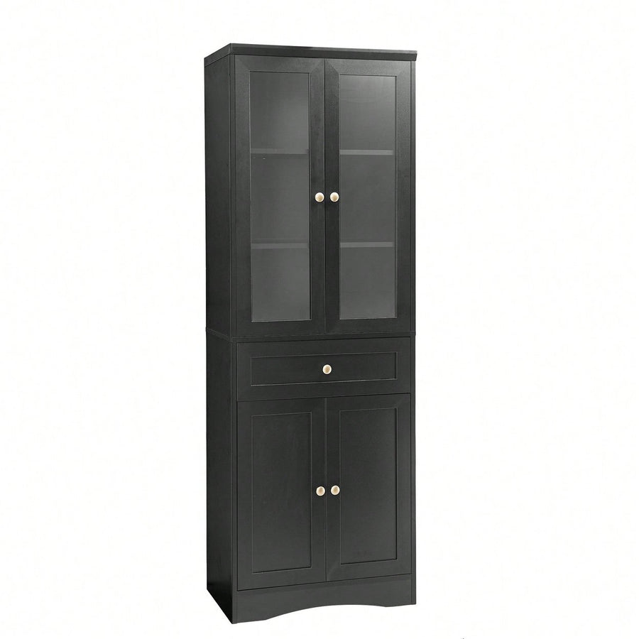 Elegant Tall Bathroom Storage Cabinet With Four Doors And Drawers Adjustable Shelf Stylish MDF Design Black Finish Image 1