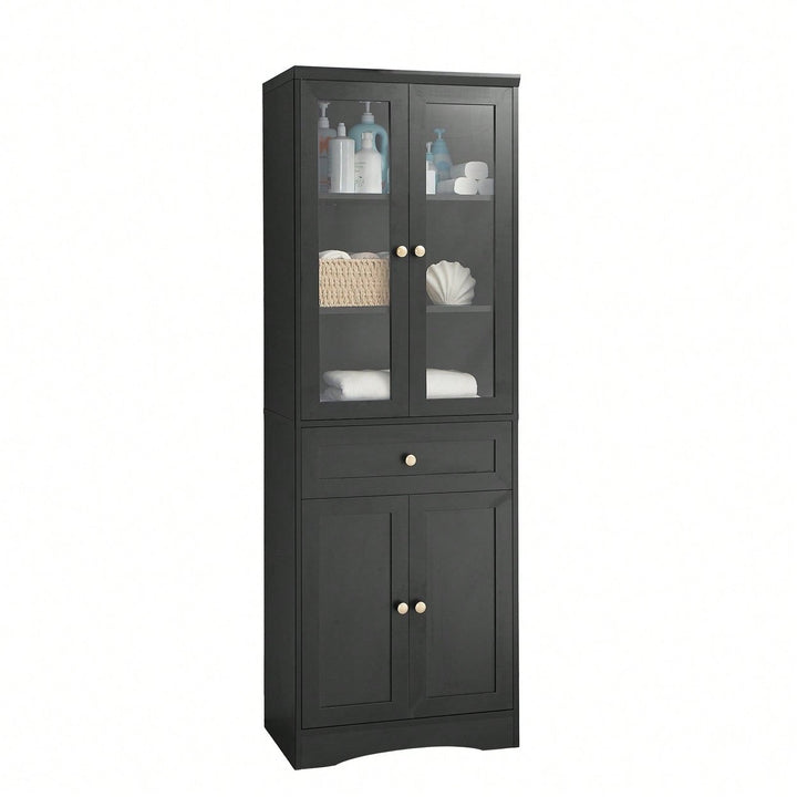 Elegant Tall Bathroom Storage Cabinet With Four Doors And Drawers Adjustable Shelf Stylish MDF Design Black Finish Image 2