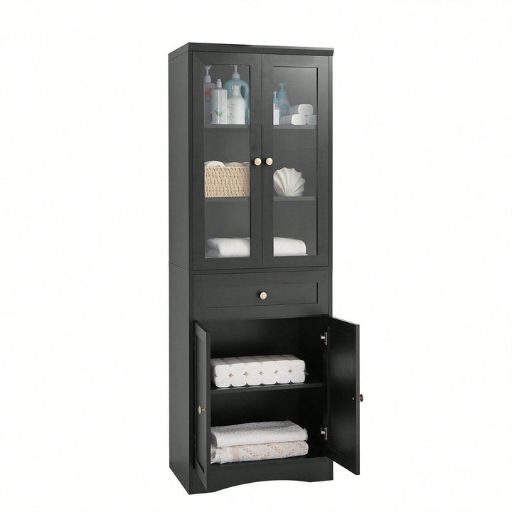 Elegant Tall Bathroom Storage Cabinet With Four Doors And Drawers Adjustable Shelf Stylish MDF Design Black Finish Image 4