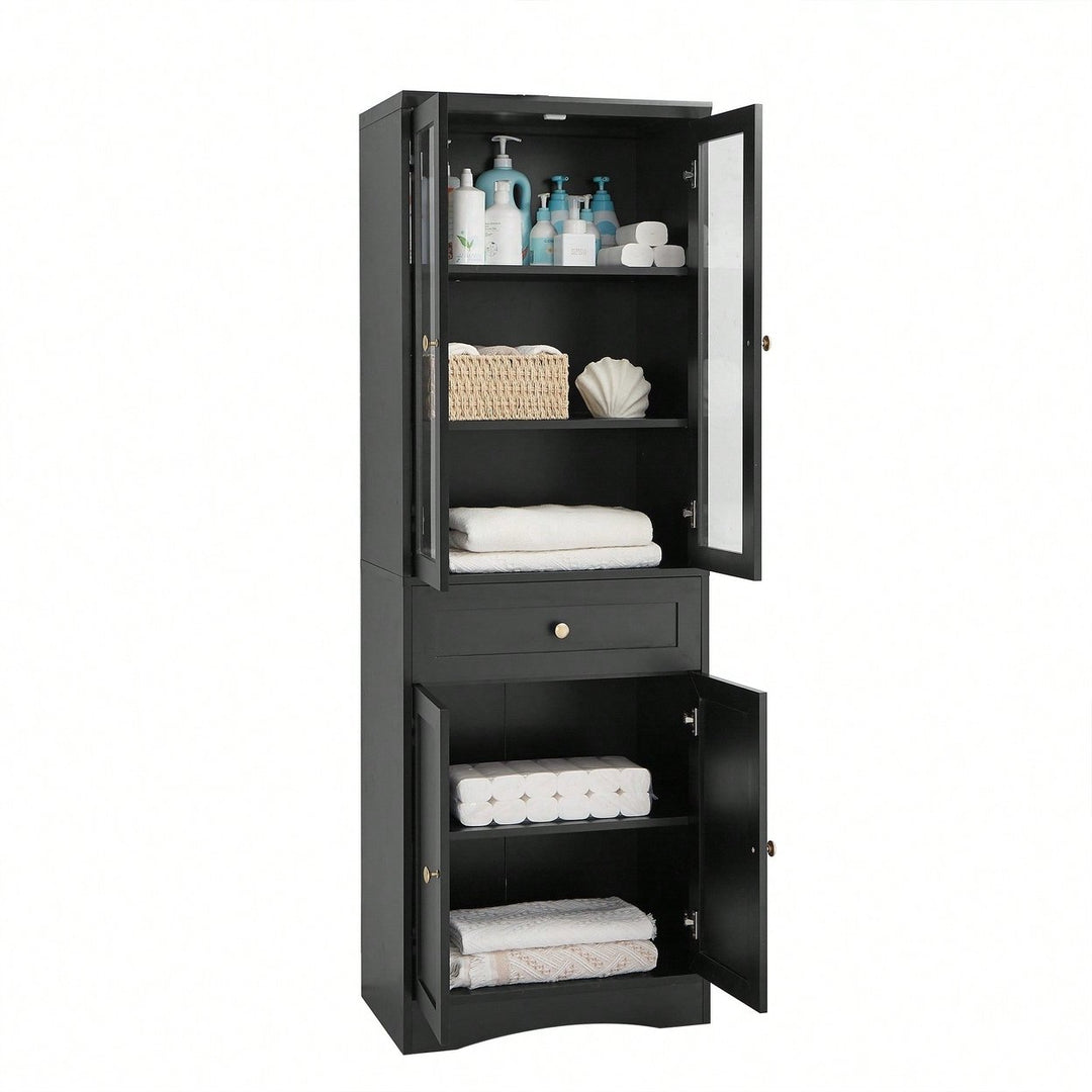 Elegant Tall Bathroom Storage Cabinet With Four Doors And Drawers Adjustable Shelf Stylish MDF Design Black Finish Image 5