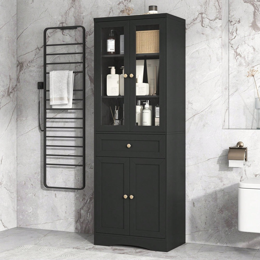 Elegant Tall Bathroom Storage Cabinet With Four Doors And Drawers Adjustable Shelf Stylish MDF Design Black Finish Image 7