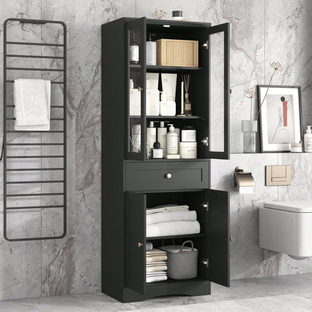 Elegant Tall Bathroom Storage Cabinet With Four Doors And Drawers Adjustable Shelf Stylish MDF Design Black Finish Image 8