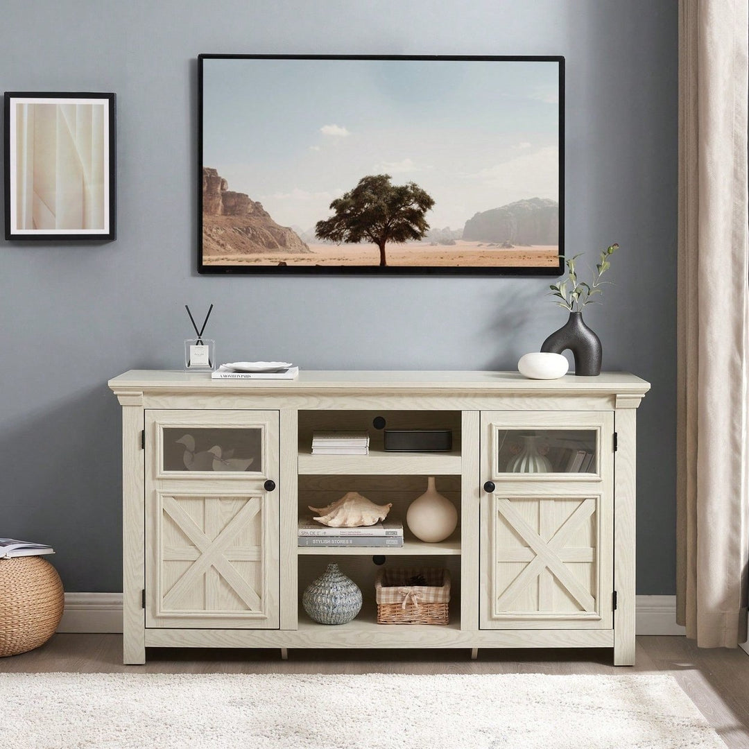 Farmhouse Style 2 Door TV Stand With Barn Design Modern Media Console White 60 Inch Wide Entertainment Center Image 2