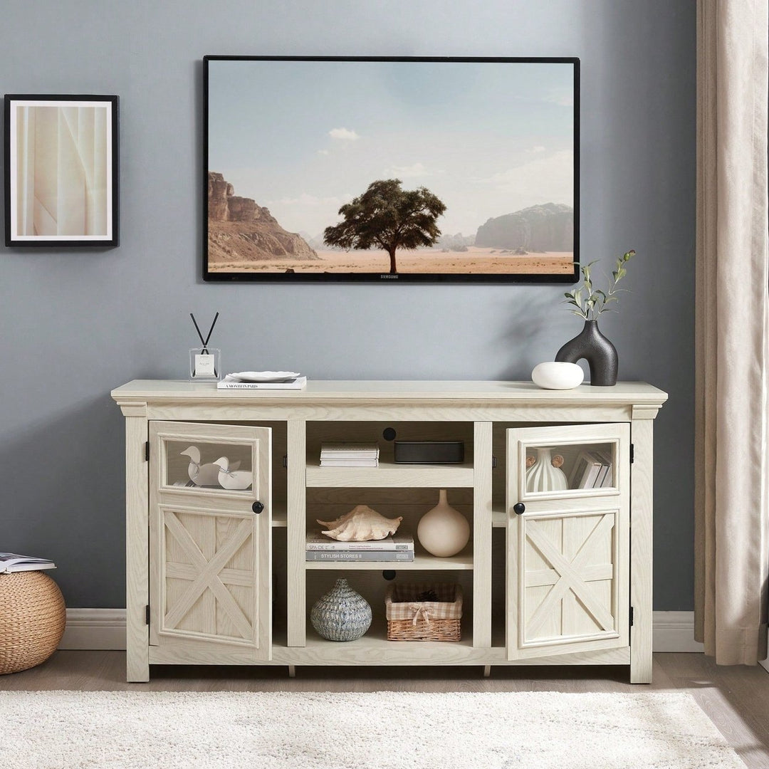 Farmhouse Style 2 Door TV Stand With Barn Design Modern Media Console White 60 Inch Wide Entertainment Center Image 3