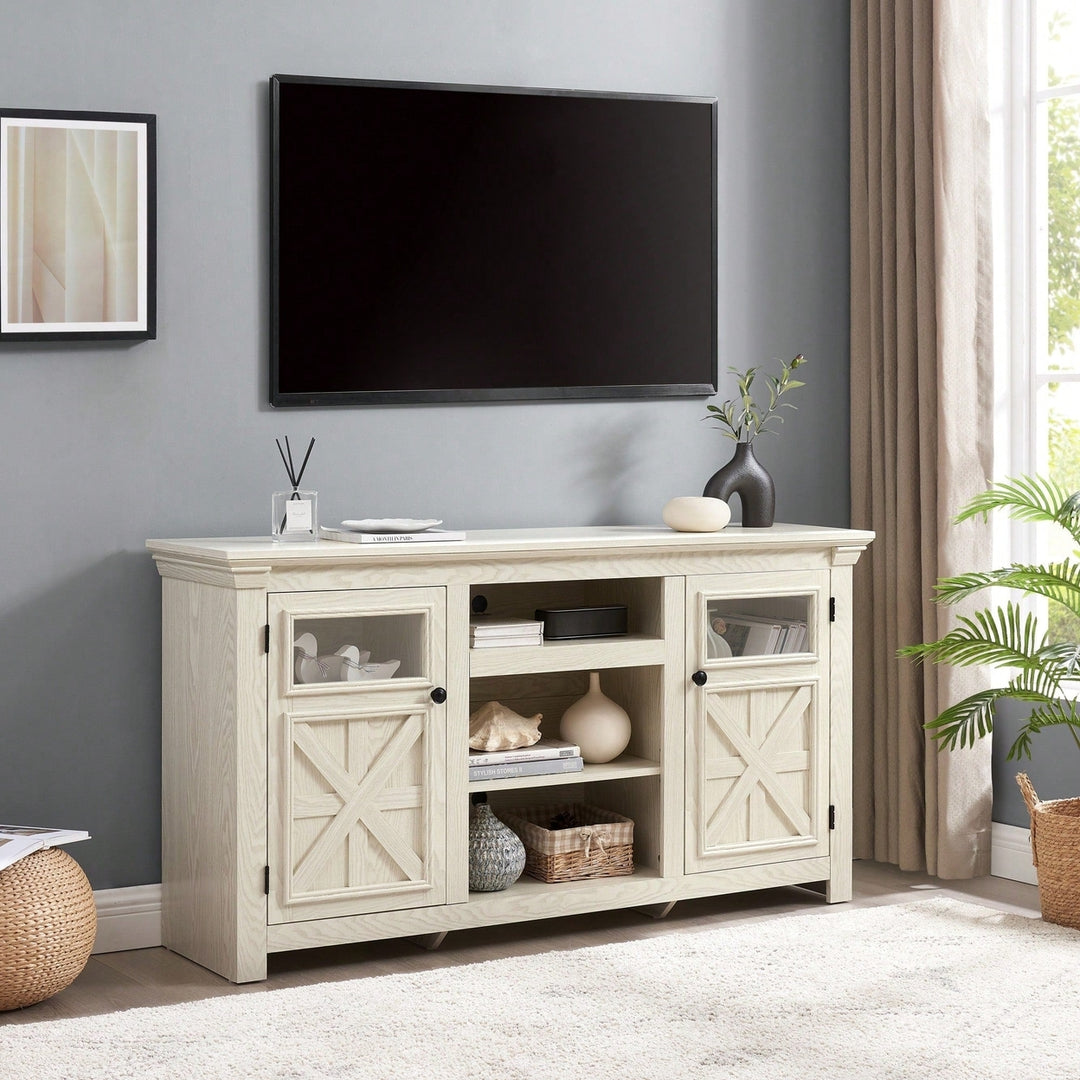 Farmhouse Style 2 Door TV Stand With Barn Design Modern Media Console White 60 Inch Wide Entertainment Center Image 4