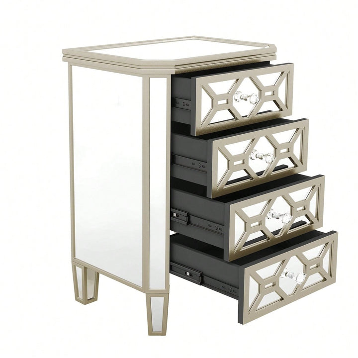 Elegant Mirrored 4-Drawer Storage Cabinet With Gold Accents For Living Room Hallway Entryway Image 3