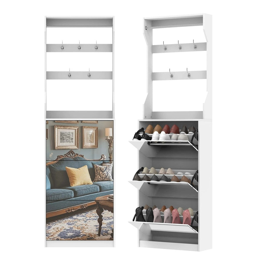 Elegant Mirror Shoe Cabinet With 3 Flip-Tier Drawers And Hooks For Organized Entryway Storage In White Image 1