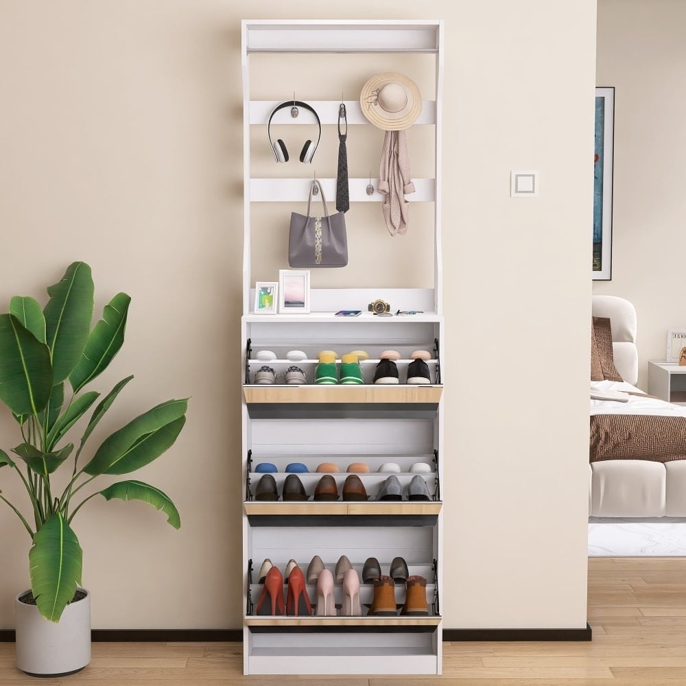 Elegant Mirror Shoe Cabinet With 3 Flip-Tier Drawers And Hooks For Organized Entryway Storage In White Image 2