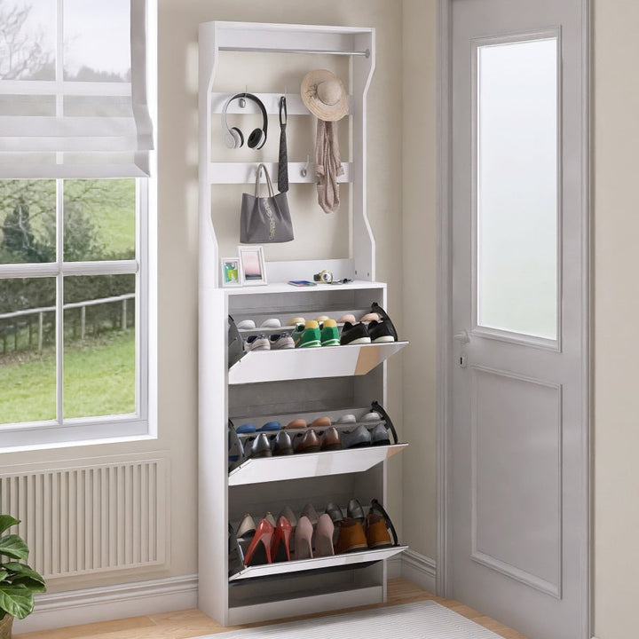 Elegant Mirror Shoe Cabinet With 3 Flip-Tier Drawers And Hooks For Organized Entryway Storage In White Image 3