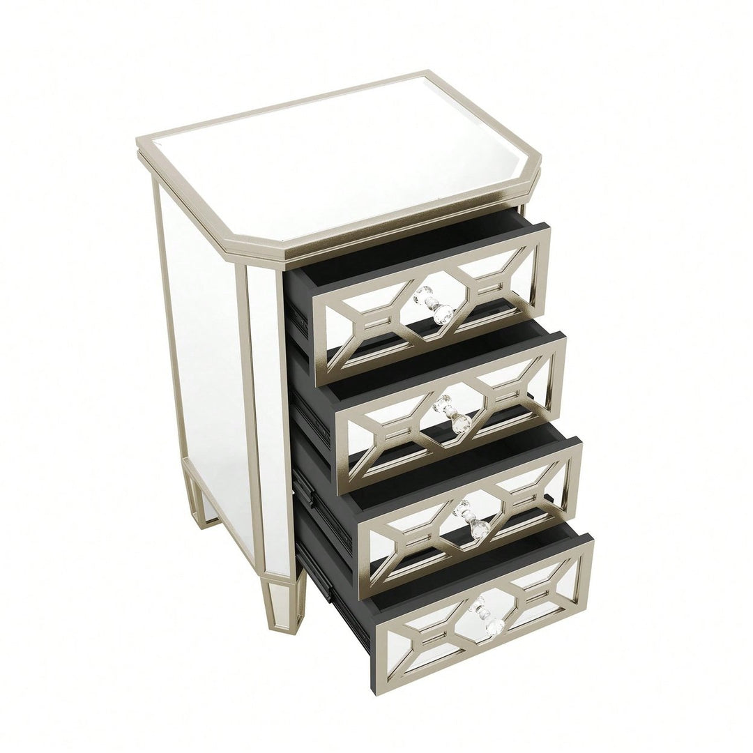 Elegant Mirrored 4-Drawer Storage Cabinet With Gold Accents For Living Room Hallway Entryway Image 4