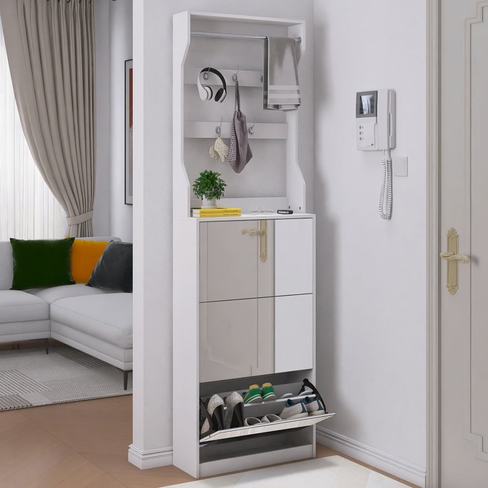 Elegant Mirror Shoe Cabinet With 3 Flip-Tier Drawers And Hooks For Organized Entryway Storage In White Image 4