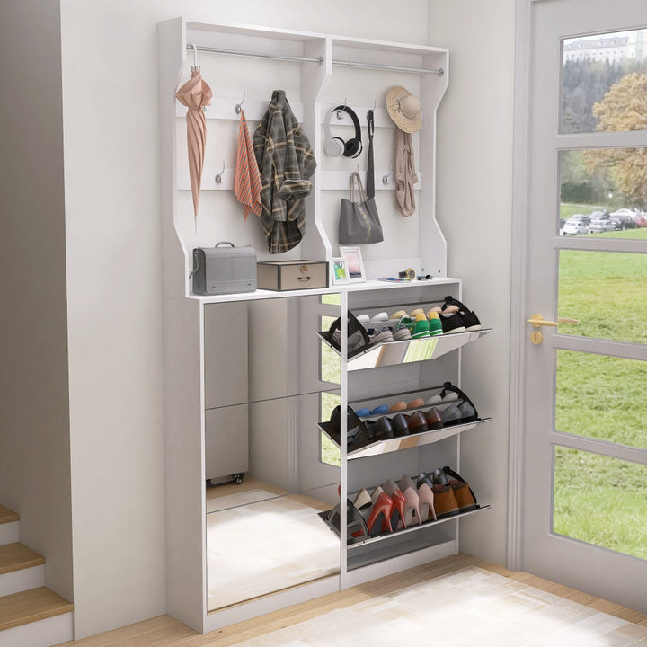 Elegant Mirror Shoe Cabinet With 3 Flip-Tier Drawers And Hooks For Organized Entryway Storage In White Image 5