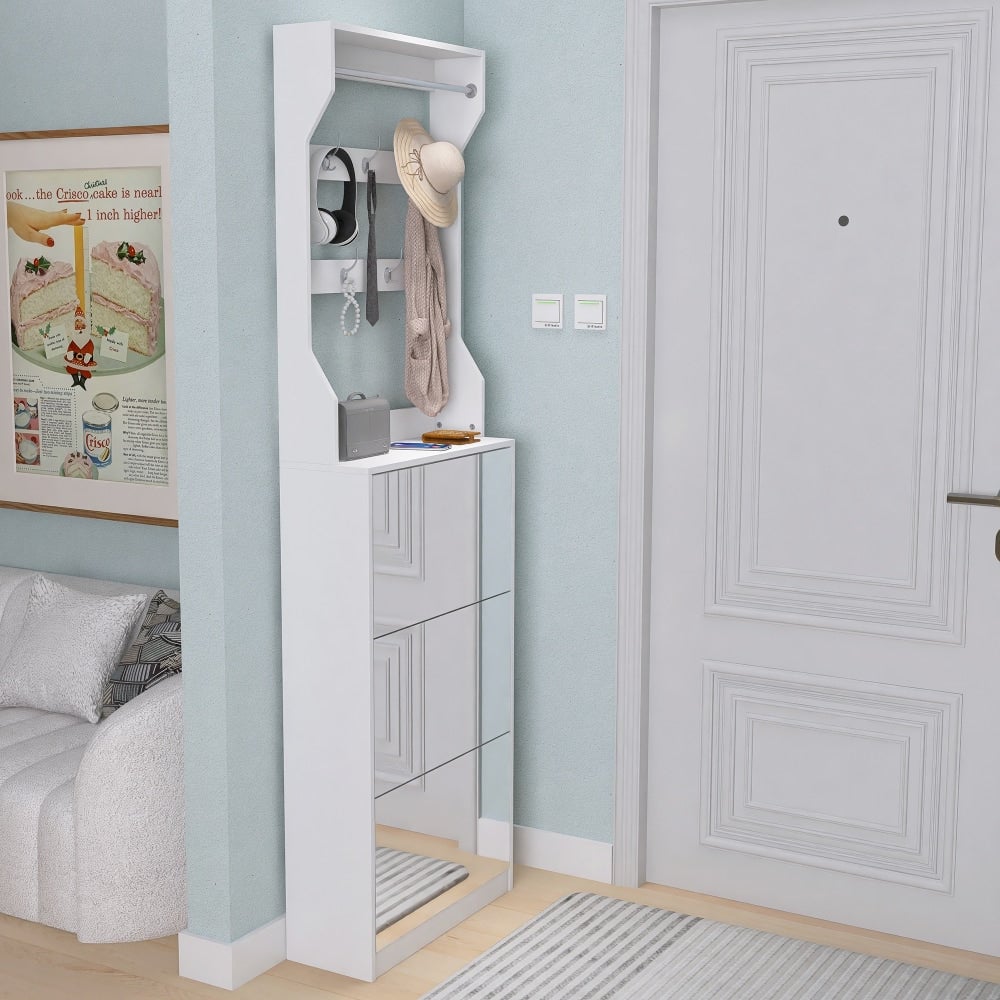 Elegant Mirror Shoe Cabinet With 3 Flip-Tier Drawers And Hooks For Organized Entryway Storage In White Image 6