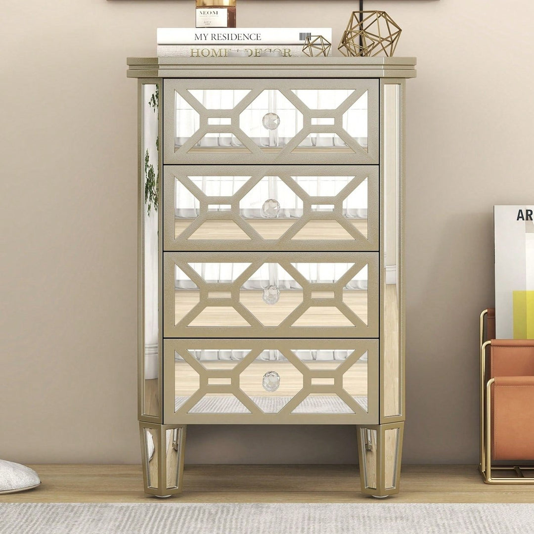 Elegant Mirrored 4-Drawer Storage Cabinet With Gold Accents For Living Room Hallway Entryway Image 7