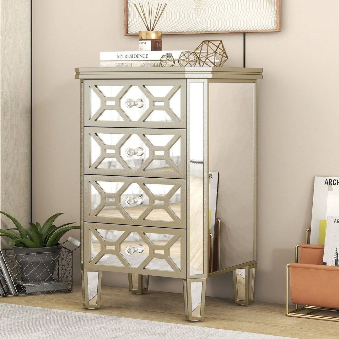 Elegant Mirrored 4-Drawer Storage Cabinet With Gold Accents For Living Room Hallway Entryway Image 9