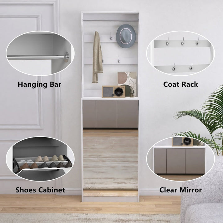 Elegant Mirror Shoe Cabinet With 3 Flip-Tier Drawers And Hooks For Organized Entryway Storage In White Image 10