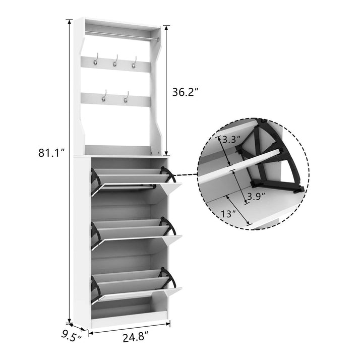 Elegant Mirror Shoe Cabinet With 3 Flip-Tier Drawers And Hooks For Organized Entryway Storage In White Image 11