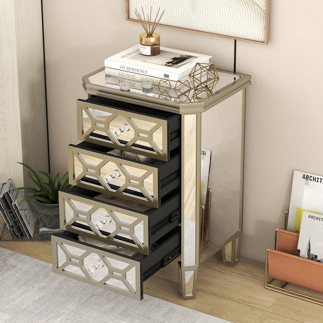 Elegant Mirrored 4-Drawer Storage Cabinet With Gold Accents For Living Room Hallway Entryway Image 10