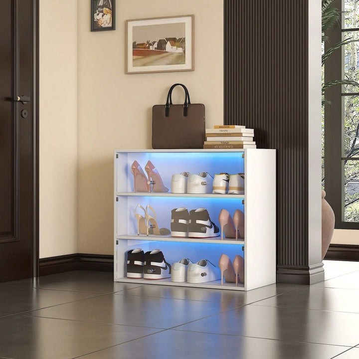 Glass Door Shoe Storage Cabinet With RGB LED Lighting For Stylish Organization White Image 10