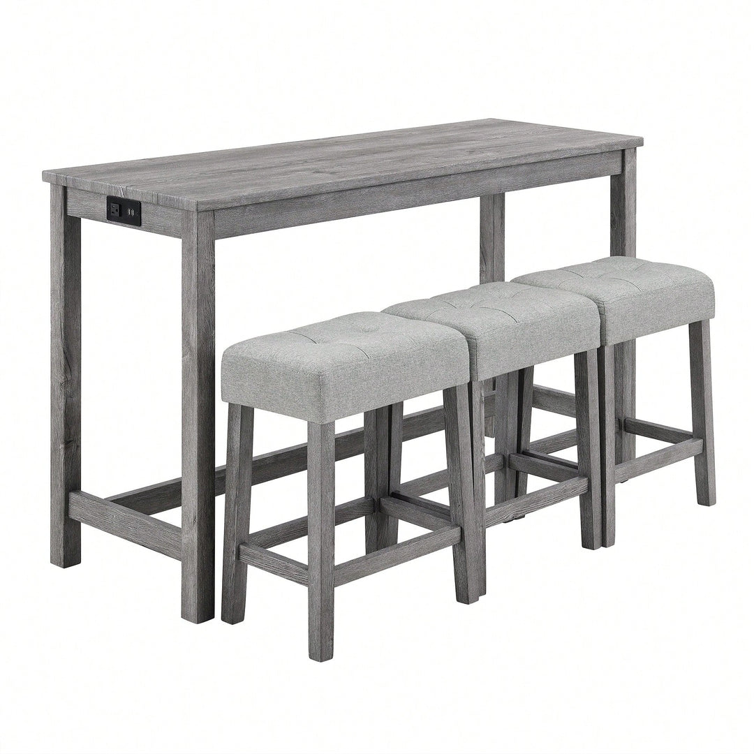 Industrial 4 Piece Bar Table Set With Power Outlet For Dining Room Living Room Game Image 3