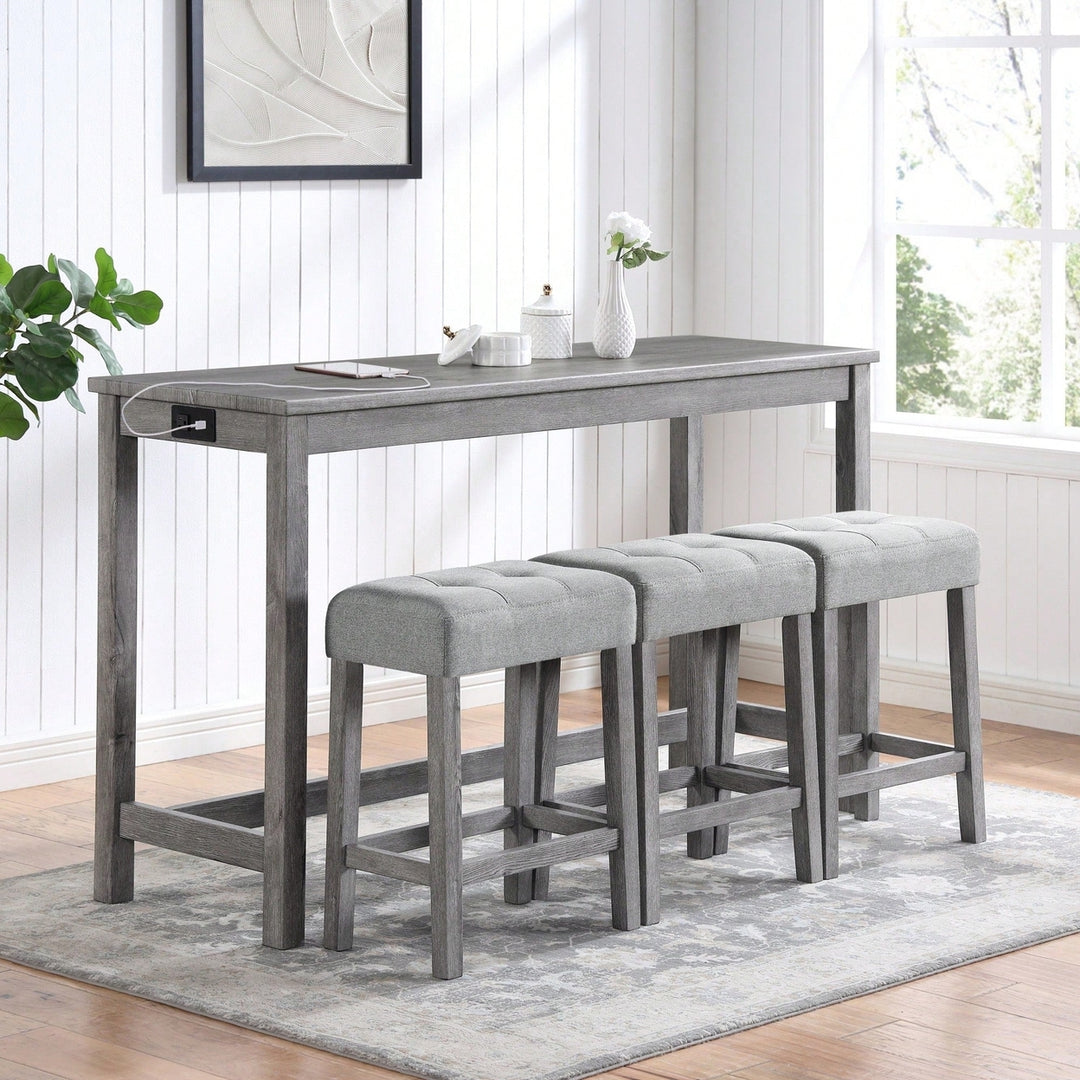 Industrial 4 Piece Bar Table Set With Power Outlet For Dining Room Living Room Game Image 6