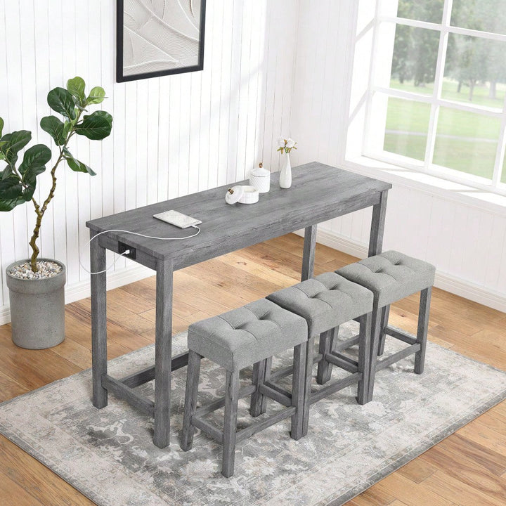 Industrial 4 Piece Bar Table Set With Power Outlet For Dining Room Living Room Game Image 7