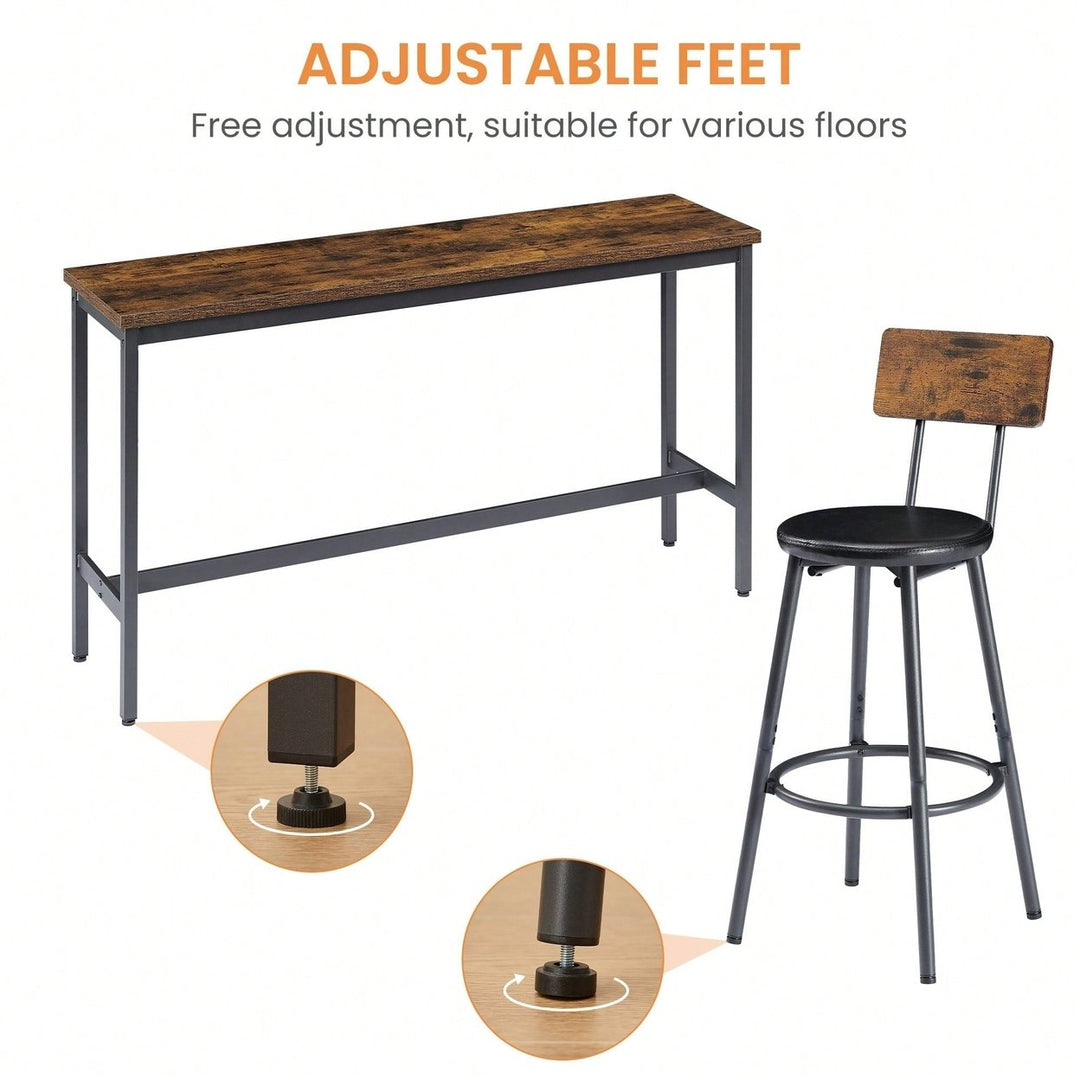 Industrial Long Bar Table Set With 3 PU Upholstered Stools For Kitchen Breakfast Living Room Rustic Brown And Black 63 Image 11