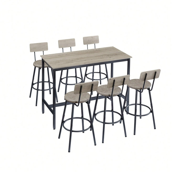 Industrial Style 7 Piece Pub High Dining Set With Rustic Grey Table And 6 PU Leather Bar Chairs For Kitchen And Living Image 1