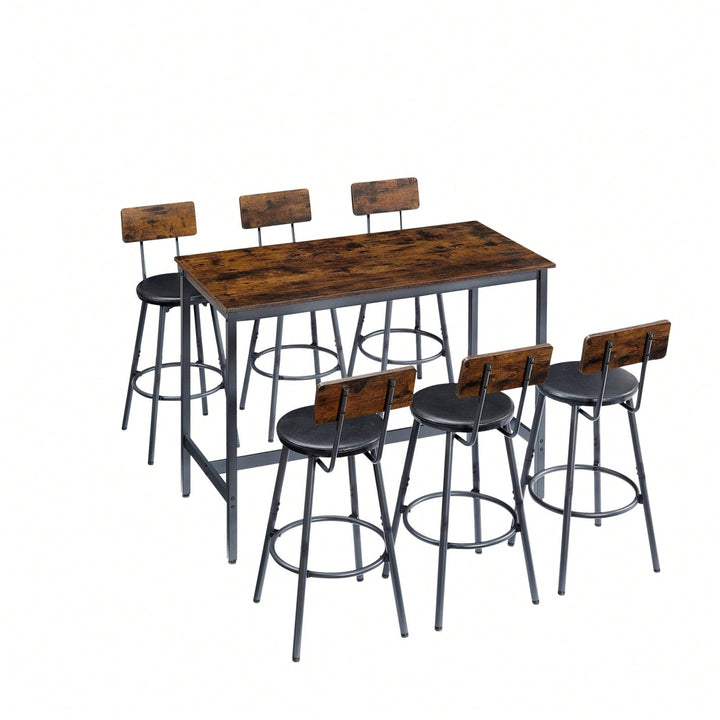 Industrial Style 7 Piece Pub High Dining Set With Rustic Grey Table And 6 PU Leather Bar Chairs For Kitchen And Living Image 2