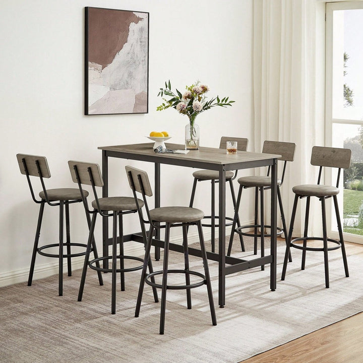 Industrial Style 7 Piece Pub High Dining Set With Rustic Grey Table And 6 PU Leather Bar Chairs For Kitchen And Living Image 3