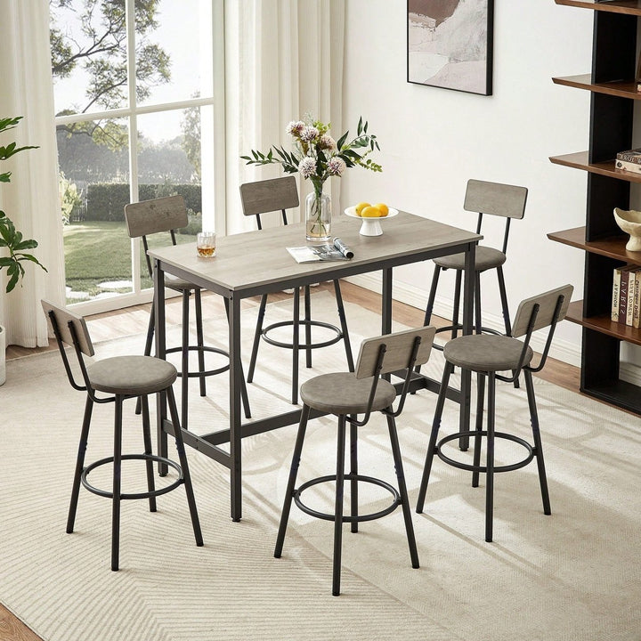 Industrial Style 7 Piece Pub High Dining Set With Rustic Grey Table And 6 PU Leather Bar Chairs For Kitchen And Living Image 4