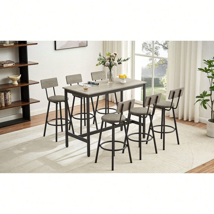 Industrial Style 7 Piece Pub High Dining Set With Rustic Grey Table And 6 PU Leather Bar Chairs For Kitchen And Living Image 5