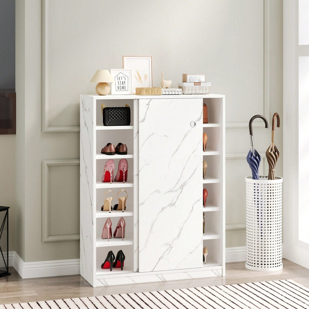 Marble Black Sliding Door Shoe Cabinet With 6 Layers For Up To 30 Pairs Of Shoes Image 3