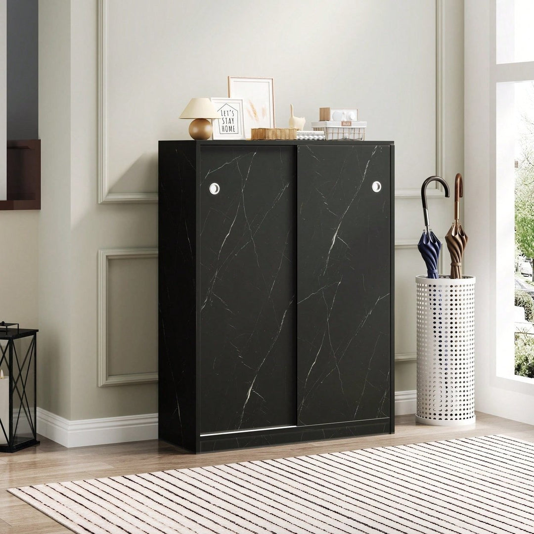 Marble Black Sliding Door Shoe Cabinet With 6 Layers For Up To 30 Pairs Of Shoes Image 7