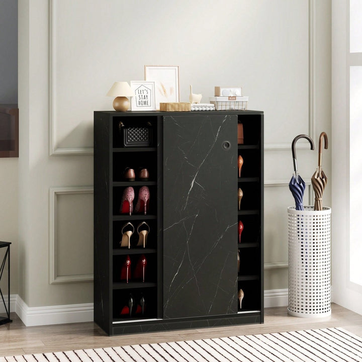 Marble Black Sliding Door Shoe Cabinet With 6 Layers For Up To 30 Pairs Of Shoes Image 8