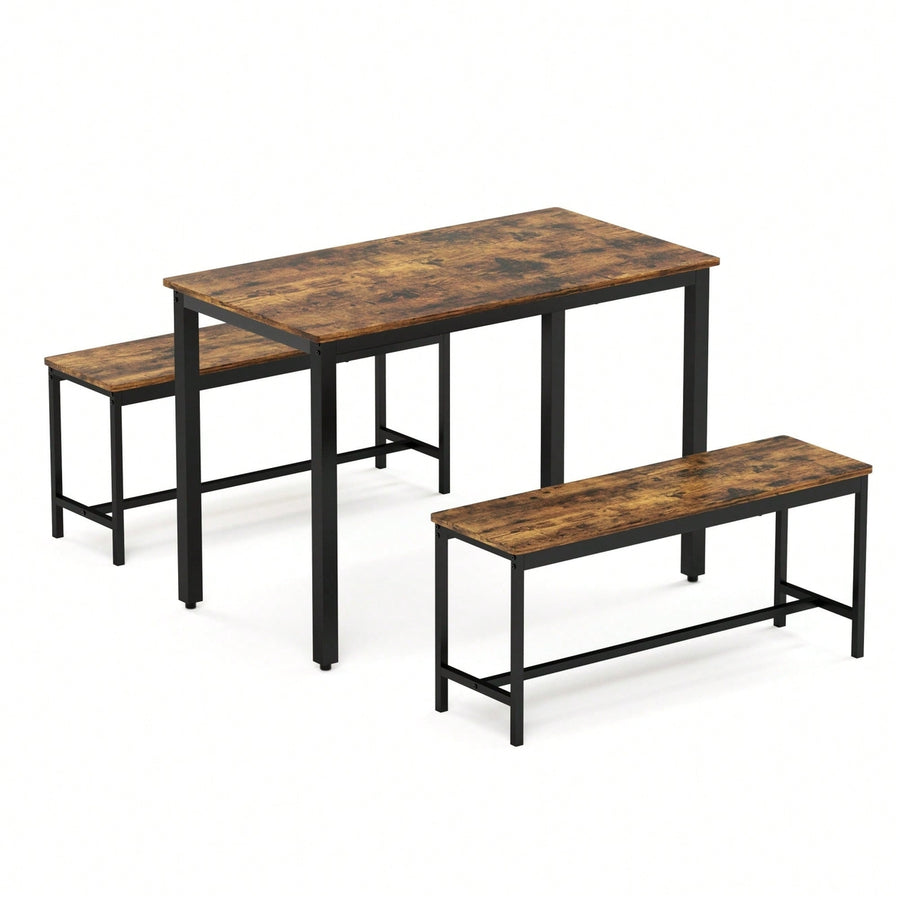 Industrial Rustic Dining Table Set With 2 Benches And Chairs For Kitchen Breakfast Living Room Party Room Image 1