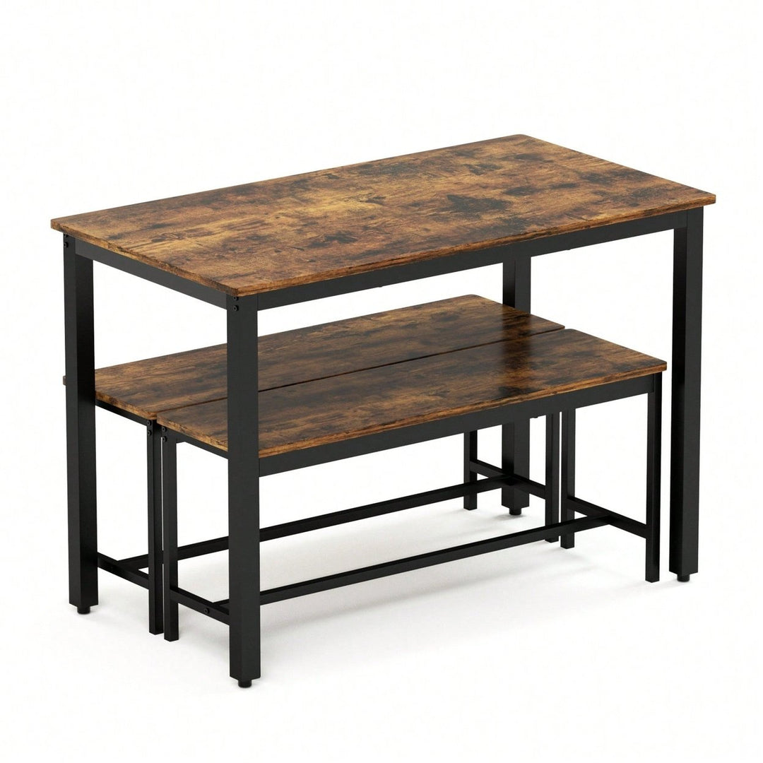 Industrial Rustic Dining Table Set With 2 Benches And Chairs For Kitchen Breakfast Living Room Party Room Image 3