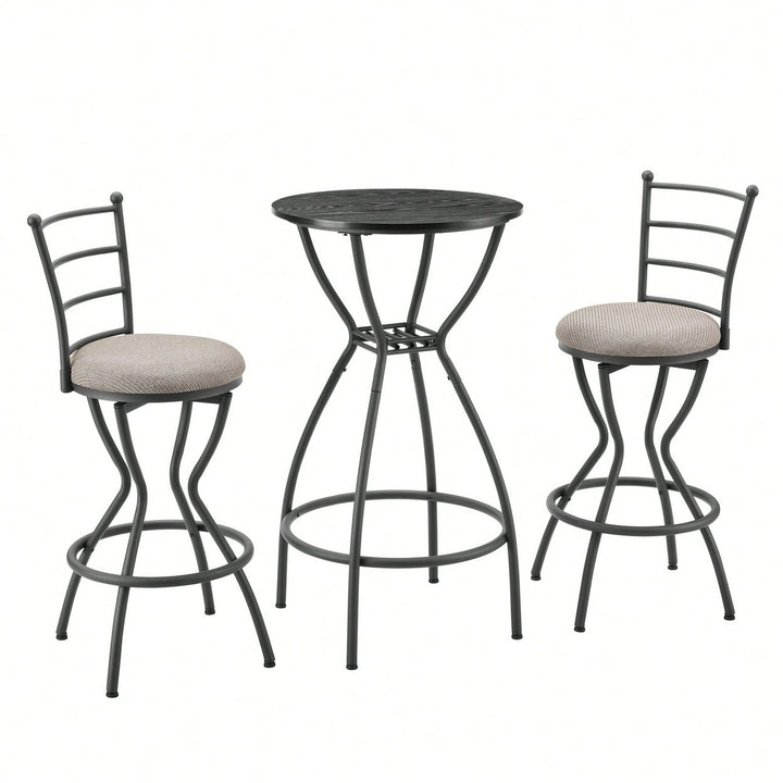 Industrial Style 3 Piece Bar Table And Chairs Set For Dining Room With Metal Back And Fabric Seat Image 1