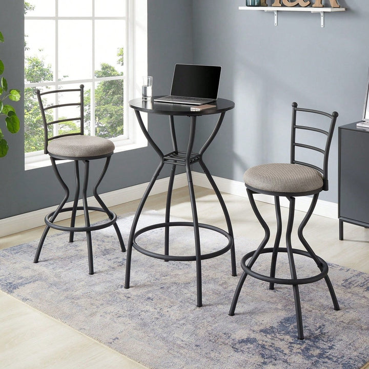 Industrial Style 3 Piece Bar Table And Chairs Set For Dining Room With Metal Back And Fabric Seat Image 3